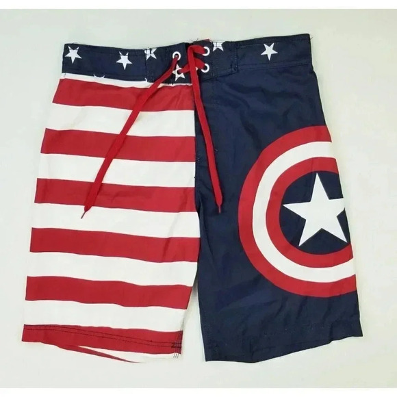 Marvel Medium Captain America Stars and Stripes American Flag Swimming Trunks - Picture 1 of 10